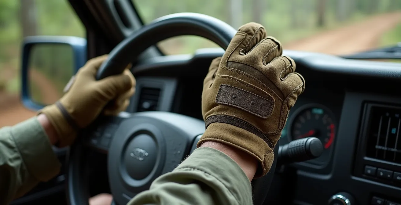 Demonstratie van de veilige 9u15 handpositie op het stuur tijdens offroad rijden