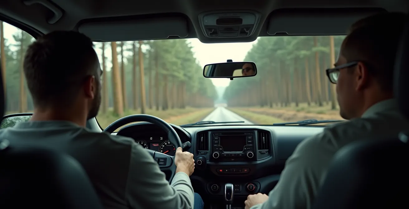 Zijperspectief van 4x4 op extreme zijhelling in bos