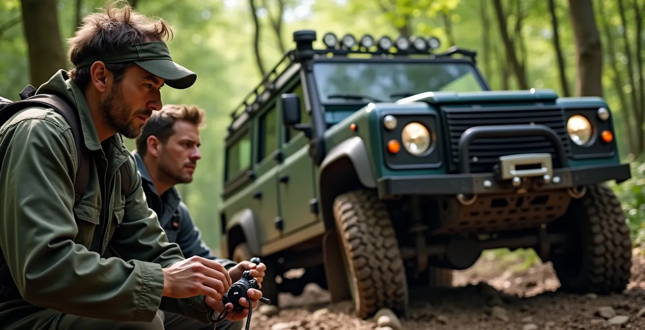 Terreinwagen wordt geholpen met lier door andere 4x4 rijders