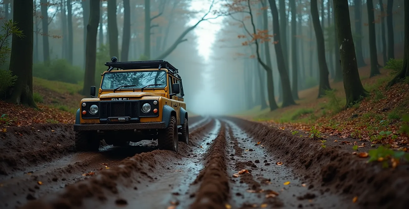 4x4 voertuig vastgereden in modderig bospad in de Belgische Ardennen