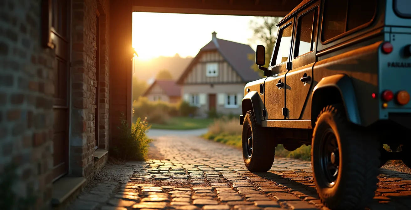 Zijaanzicht van een verhoogde 4x4 met zichtbare hoek in de aandrijfas