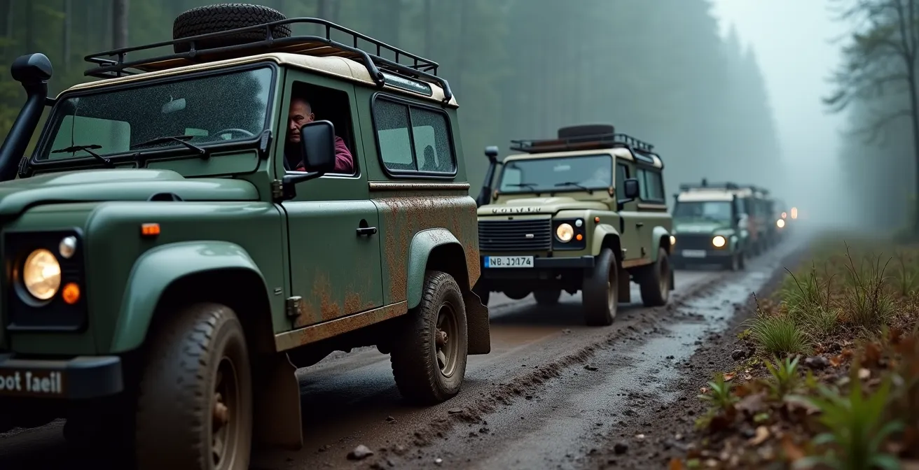 Drie 4x4 voertuigen met correcte afstand op een steile modderige helling in de Ardennen