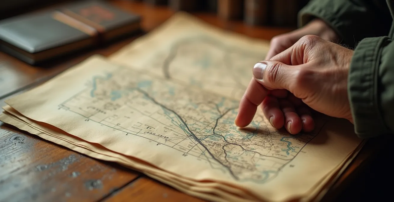 Close-up van handen die historische Atlas der Buurtwegen raadplegen op gemeentehuis