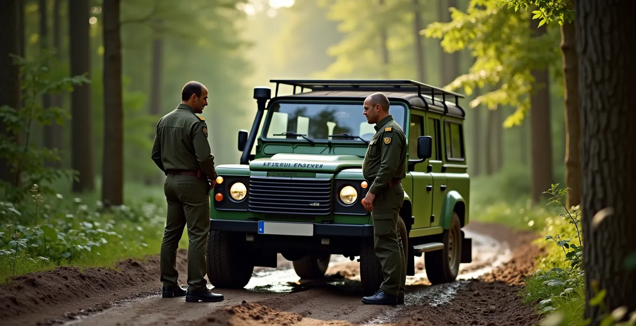 Boswachter controleert documenten bij offroad voertuig in Vlaams natuurgebied