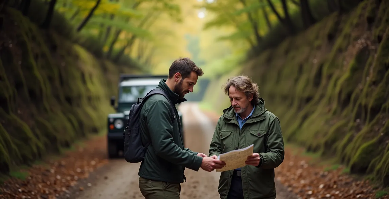 Traditionele Belgische holle weg met 4x4 sporen in natuurgebied