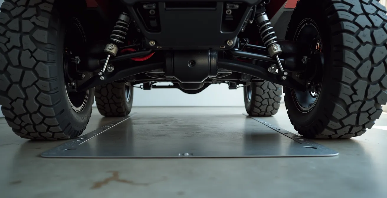 Onderaanzicht van beschermplaat gemonteerd onder 4x4 chassis met zichtbare remleidingen