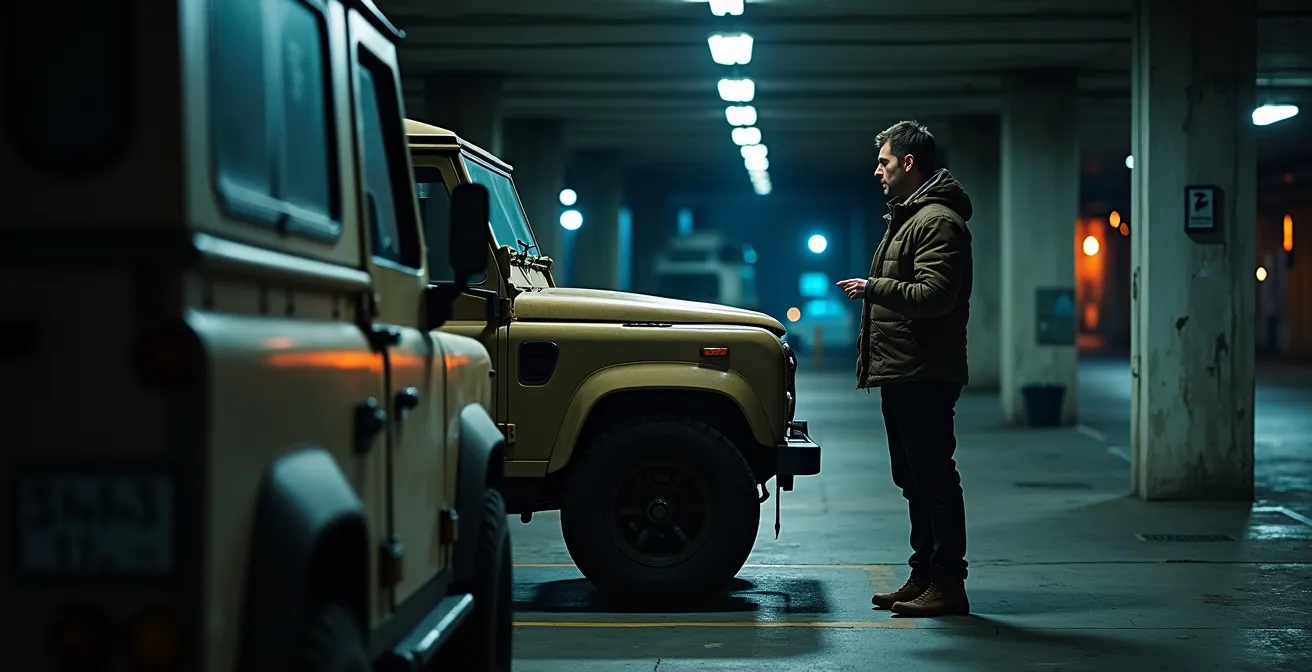 4x4 camper veilig geparkeerd in verlichte parkeergarage in Europese stad