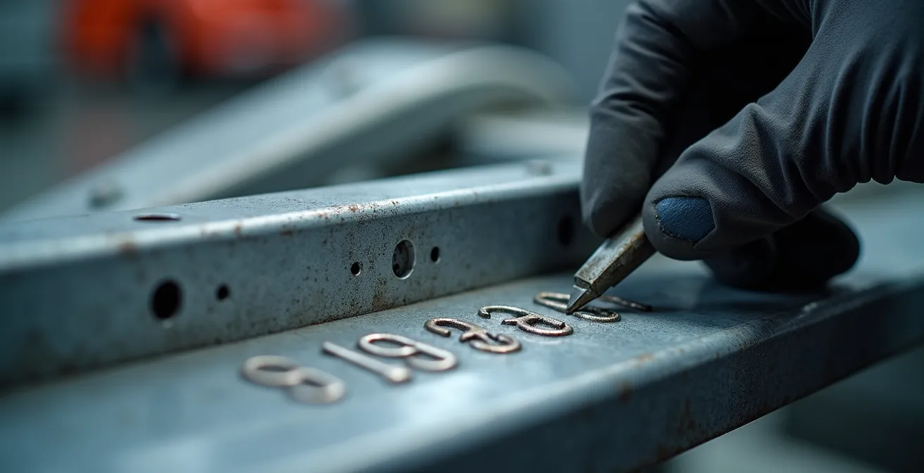 Inspecteur controleert chassisnummer met speciale apparatuur tijdens keuring
