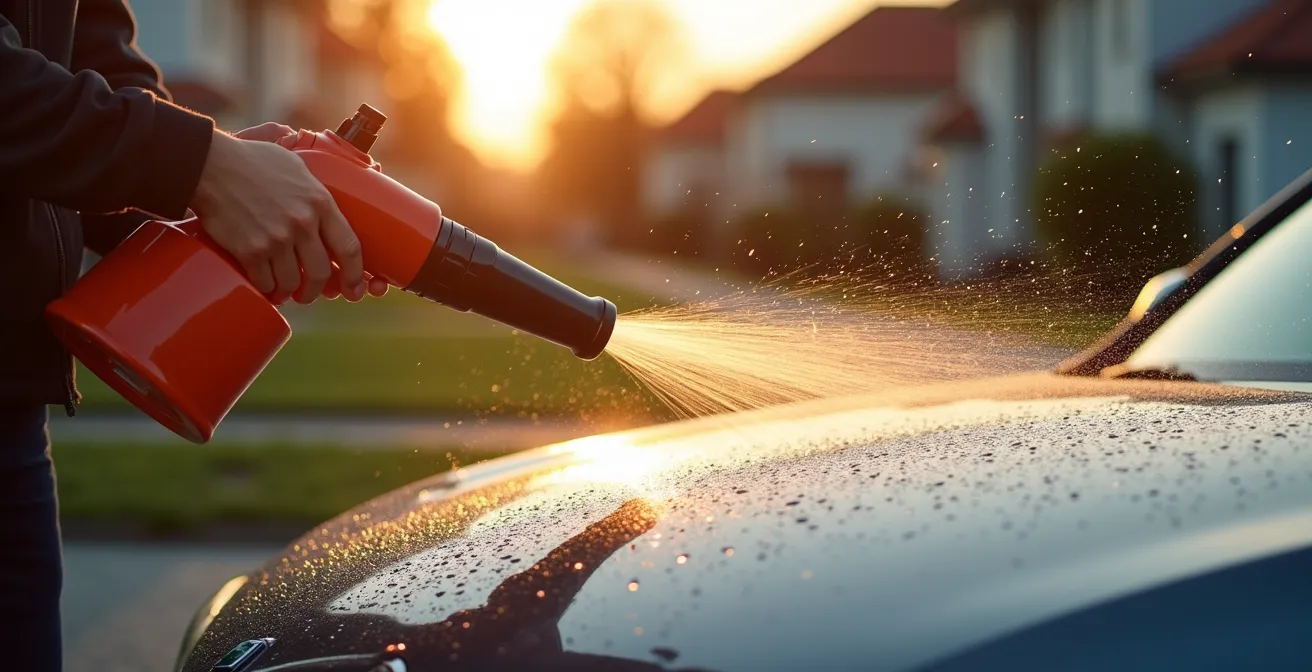 Brede opname van auto in schaduw met waterdruppels die wegblazen