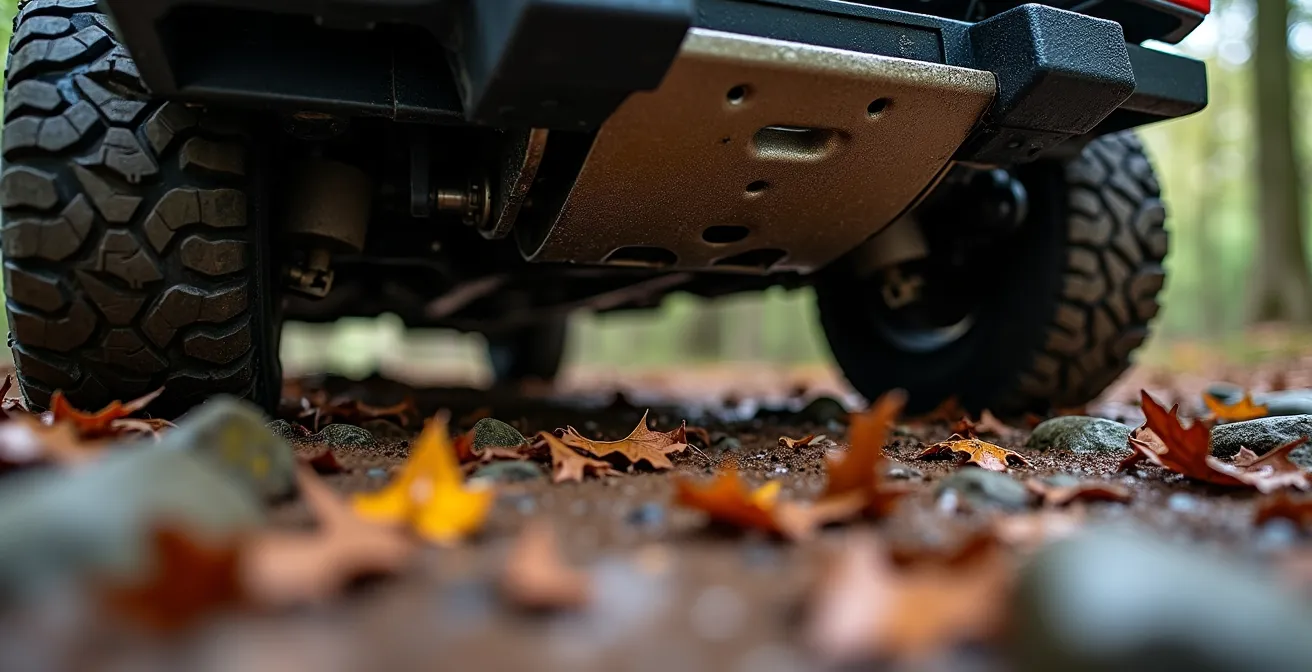 Close-up van differentieelbescherming terwijl 4x4 over rotsblok rijdt