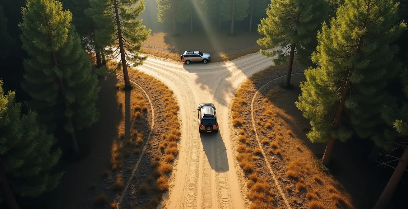 Een 4x4 voertuig wacht op een T-splitsing in de Belgische Kempen terwijl een andere wagen nadert