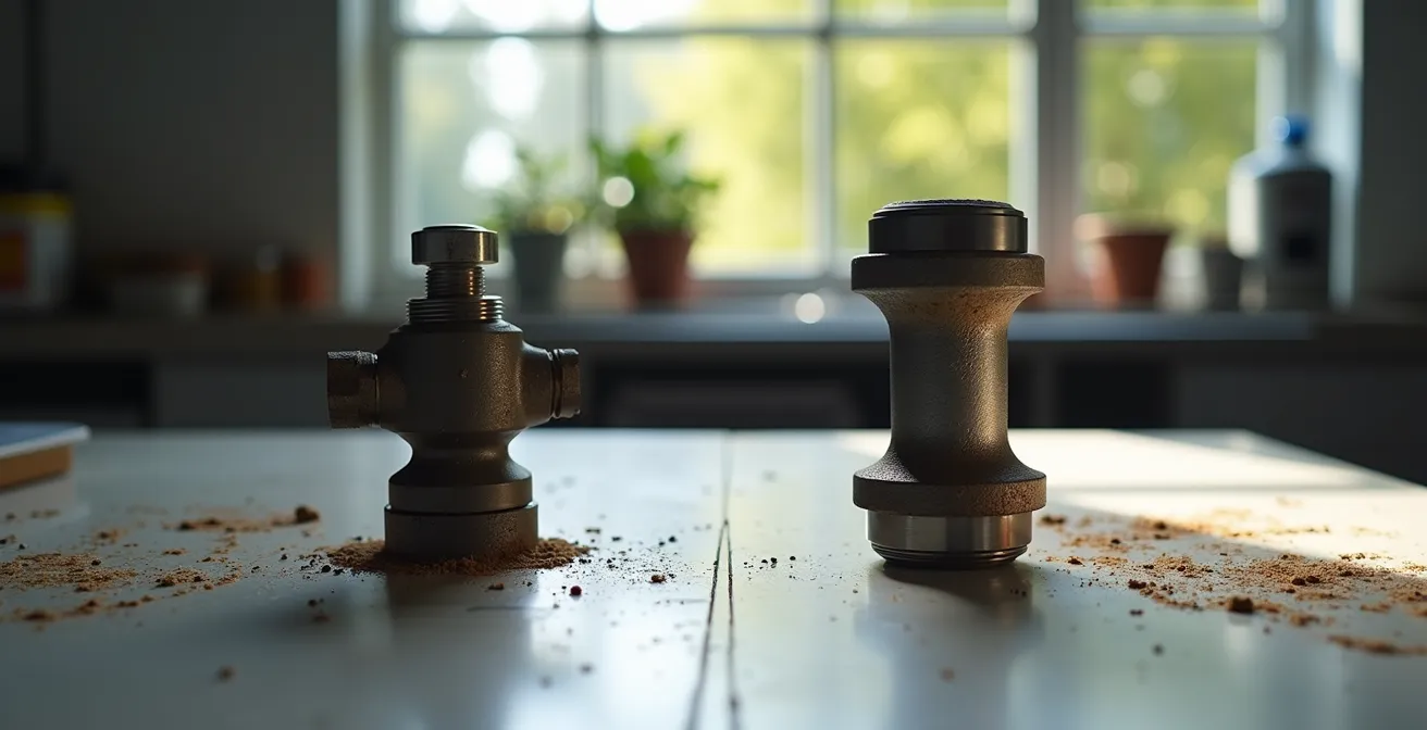 Twee kruiskoppelingen naast elkaar: links met vetnippel, rechts sealed-for-life variant