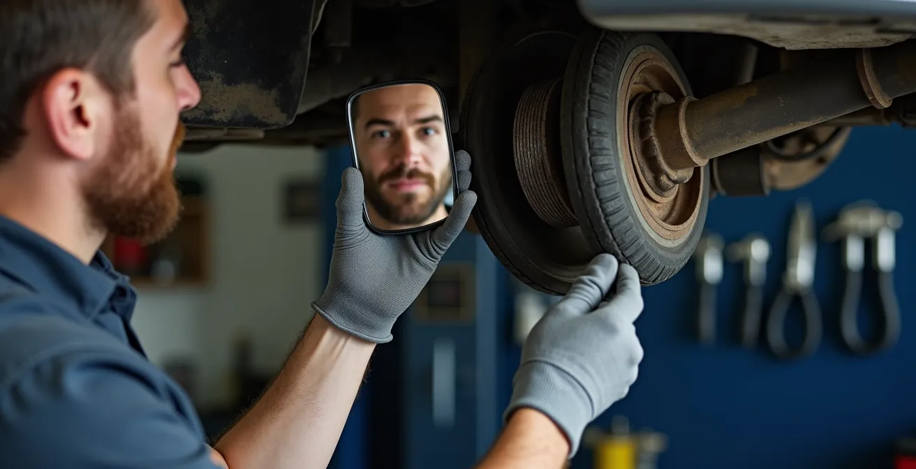 Monteur inspecteert gescheurde draagarmrubber tijdens technische keuring