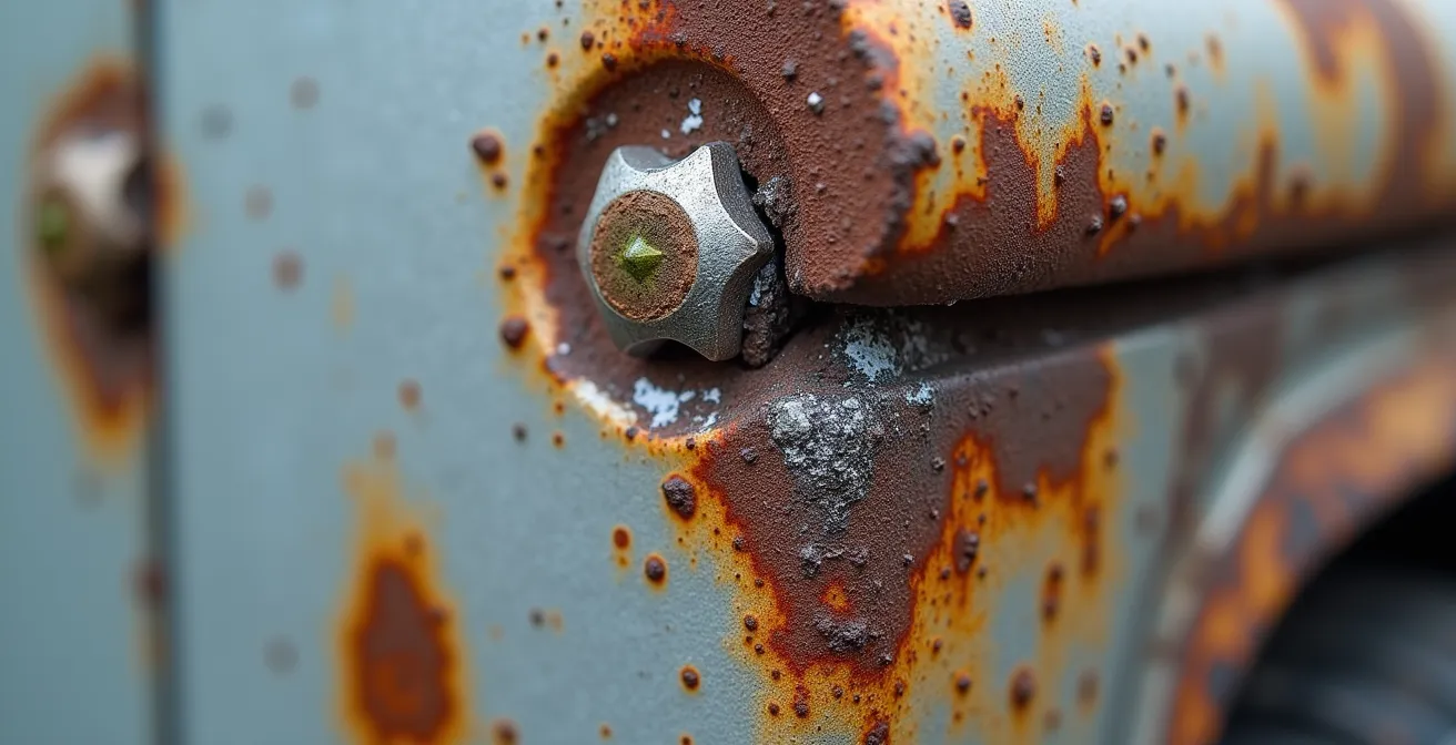 Detailopname van galvanische corrosie tussen aluminium carrosserie en stalen bout