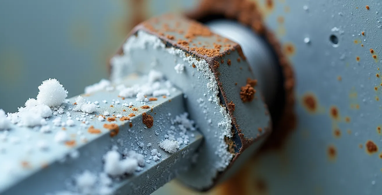 Galvanische corrosie tussen aluminium plaat en stalen bouten door Belgisch winterzout