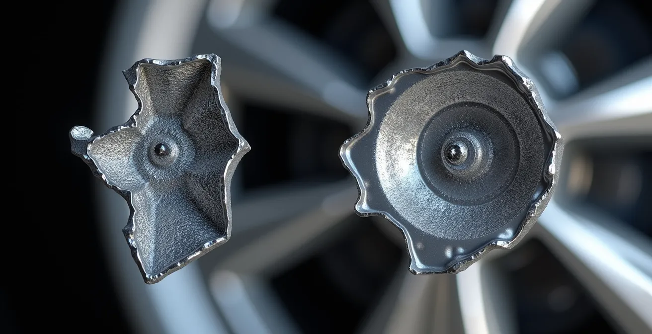 Macro-opname van metaalstructuur verschil tussen gebroken goedkope velg en gebogen kwaliteitsvelg na impact