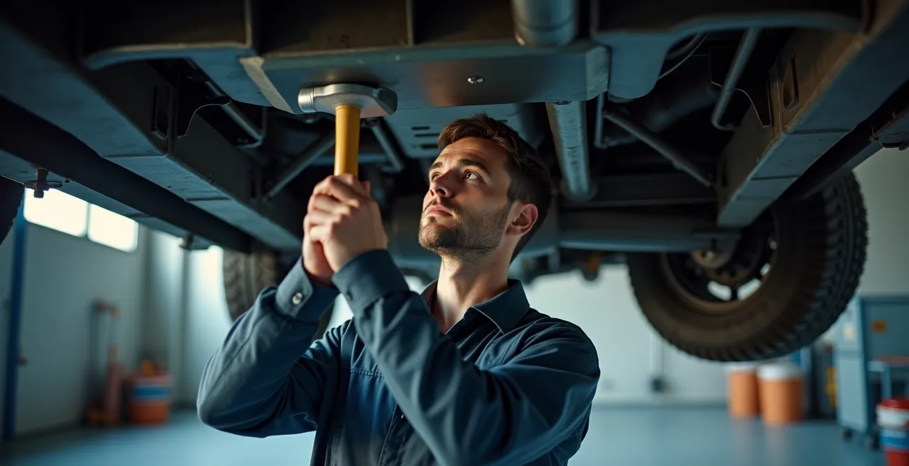 Keurmeester die hamertest uitvoert op een 4x4 chassis tijdens Belgische autokeuring