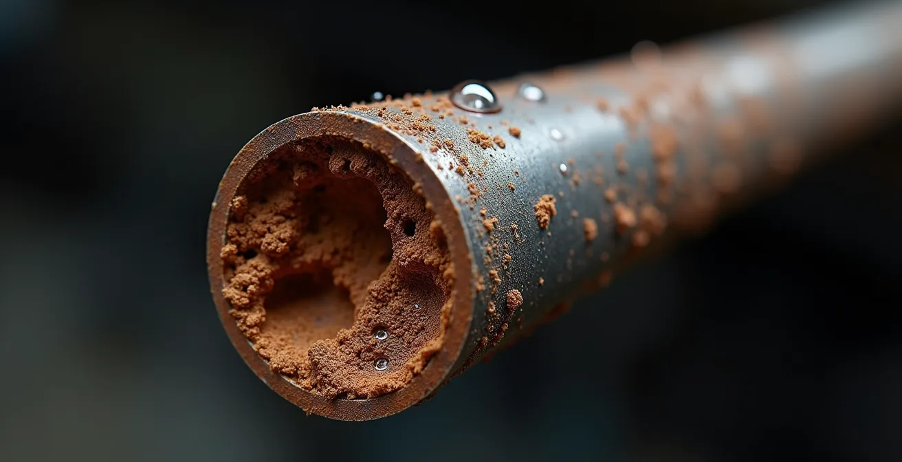 Doorsnede van remleiding met zichtbare interne corrosie