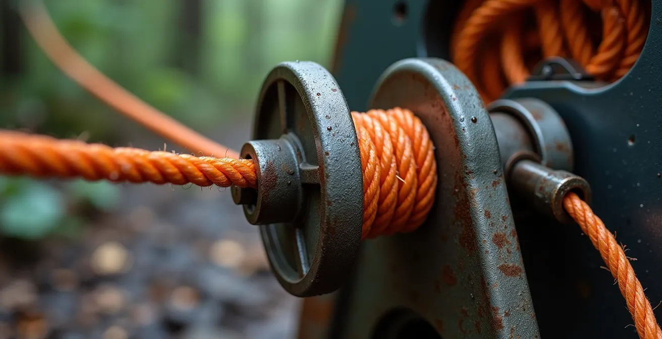 Close-up van klapblok systeem met dubbele kabellijn voor trekkrachtverdubbeling