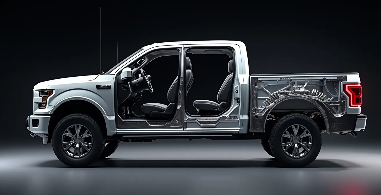 Dwarsdoorsnede toont kreukelzones in moderne pick-up met ladderchassis