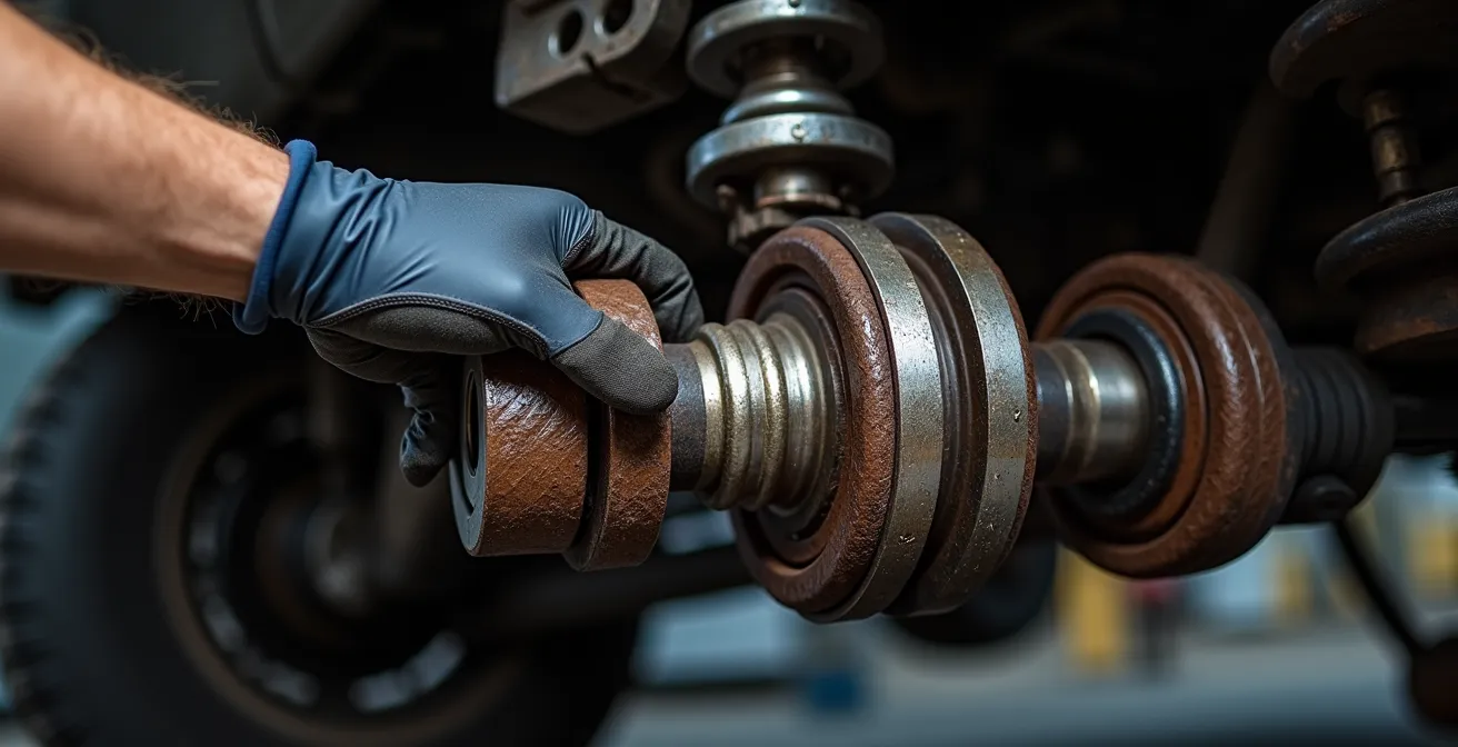 Close-up inspectie van kruiskoppeling en cardanas onder een 4x4 voertuig