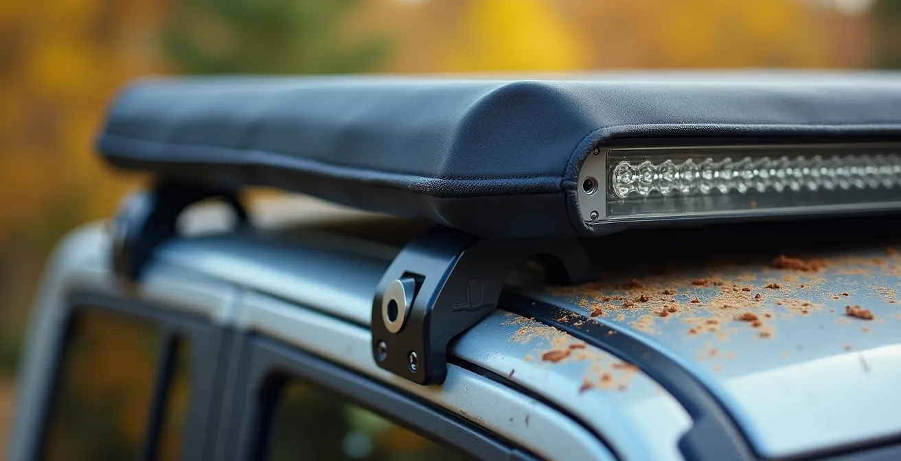 Close-up van afgedekte LED-bars op dakdrager voor keuring