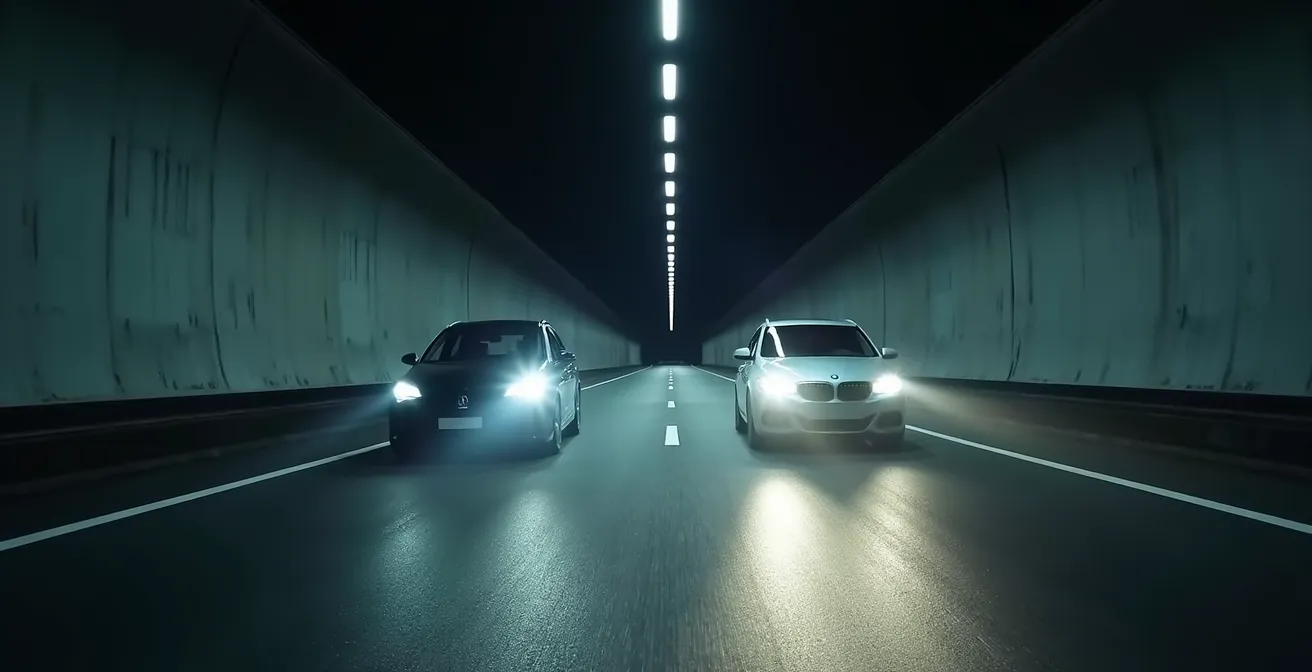 Wide shot van twee auto's in donkere tunnel met verschil in lichtbundel tussen LED retrofit en originele halogeen