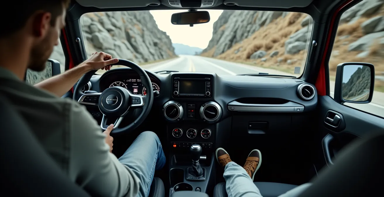 Bestuurders perspectief vanuit 4x4 cockpit tijdens left-foot braking op leisteen helling