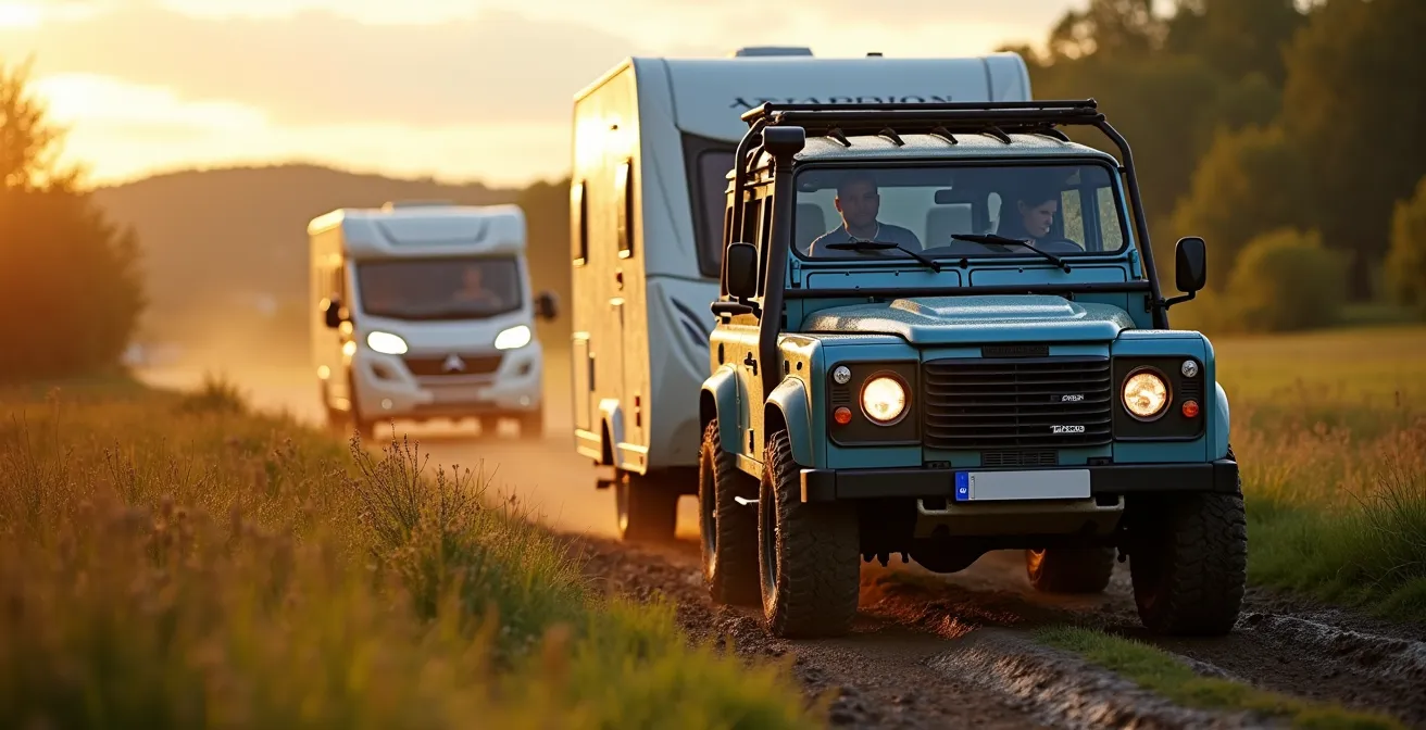 Terreinwagen trekt caravan uit modderig weiland met Ardense heuvels op achtergrond