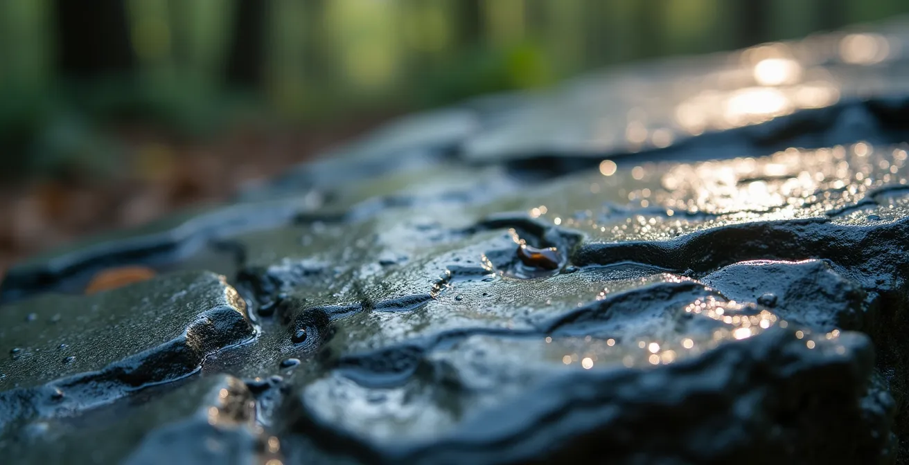 Extreme close-up van nat leisteen oppervlak met waterfilm en fijn gesteentepoeder