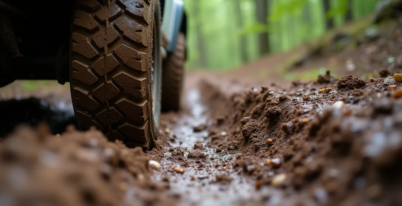 Close-up van 4x4 band in diepe moddergeul met zichtbare spoorvorming