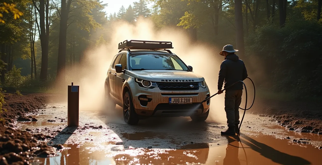 4x4 voertuig bij hogedrukreiniger op Belgisch offroad terrein
