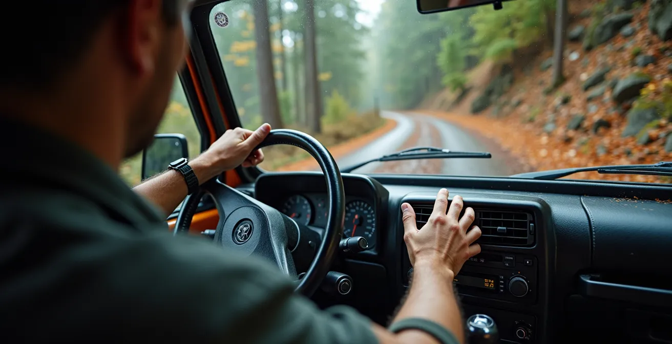 Demonstratie van motorrem techniek bij steile afdaling in bos