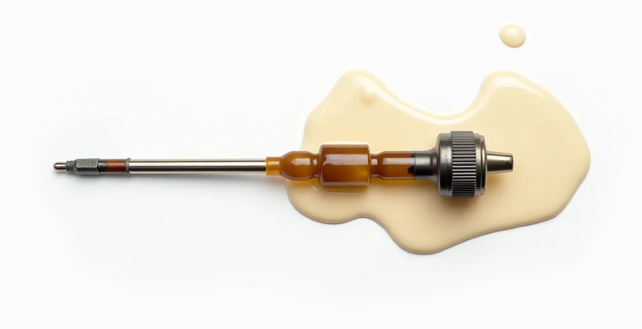 Close-up van mayonaise-achtige emulsie op motoroliedop door waterverontreiniging