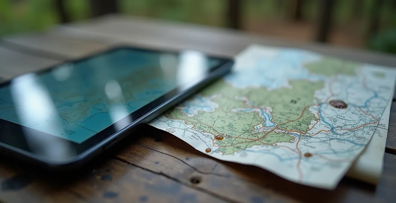 Tablet met topografische kaart naast papieren NGI-stafkaart in de Ardennen