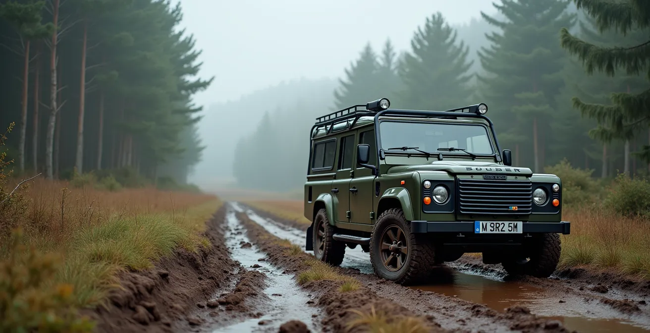 Breed landschapsbeeld van een 4x4 voertuig in de Belgische Ardennen met zichtbaar verlaagde bandenspanning voor terreinrijden