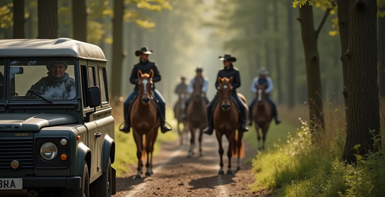 4x4 voertuig gestopt langs bospad terwijl ruiters passeren