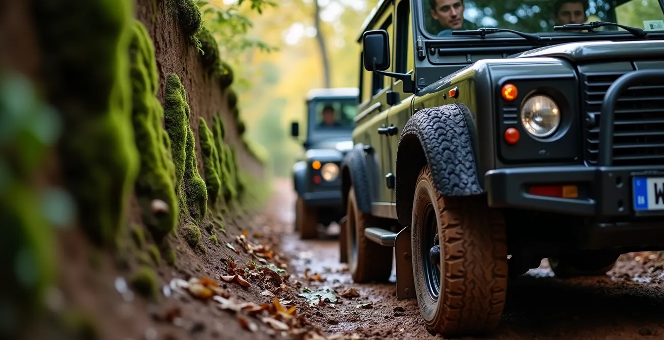 Rock sliders beschermen de dorpels van een 4x4 tijdens passage door smalle holle weg