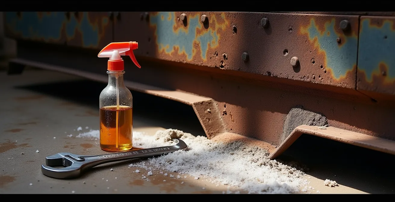 Detail van roestvorming tussen skidplate en chassis door opgesloten vocht en zout