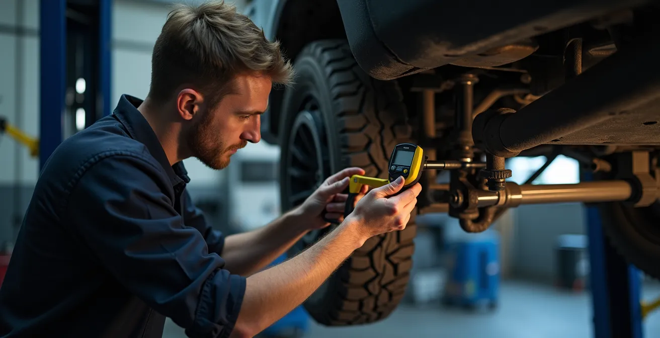 Technicus meet schokdemperlengte onder opgekrikte 4x4 in Belgische garage