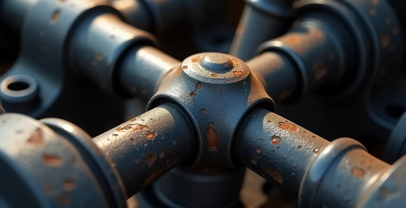 Close-up van smeernippels op kruiskoppelingen en stuurkogels van 4x4 onderstel