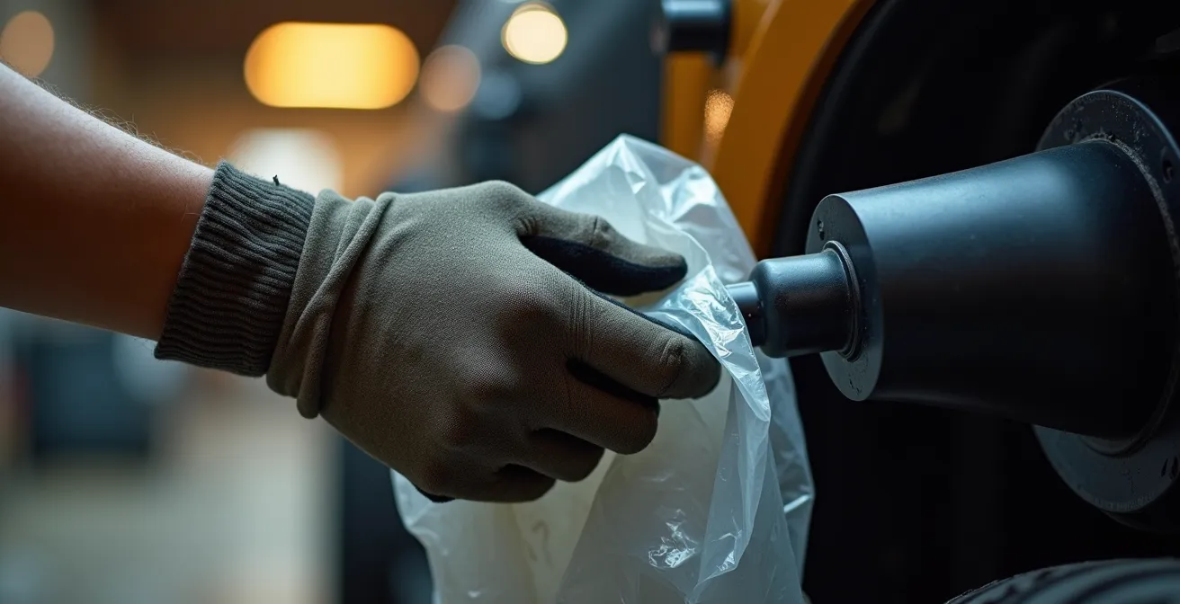 Close-up van een hand die een plastic zak over een snorkelkop houdt tijdens een dichtheidstest