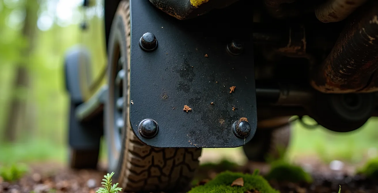 Detailopname van HDPE beschermplaat gemonteerd onder CV-gewricht van terreinwagen