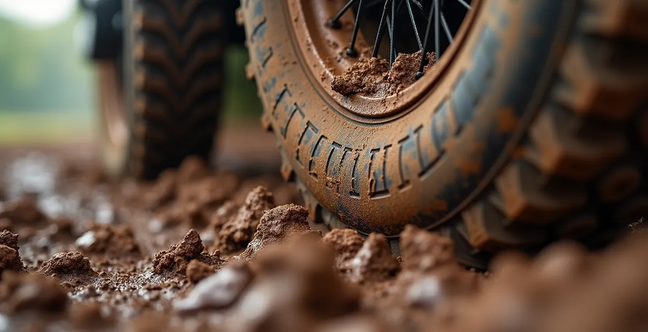 Close-up van bandenprofiel dat grip zoekt in moddergeul tijdens stuurbeweging