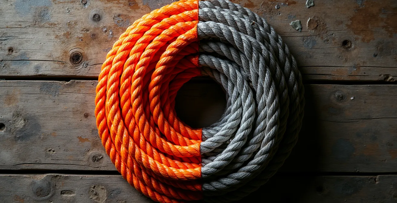 Vergelijking tussen oranje synthetisch liertouw en traditionele staalkabel