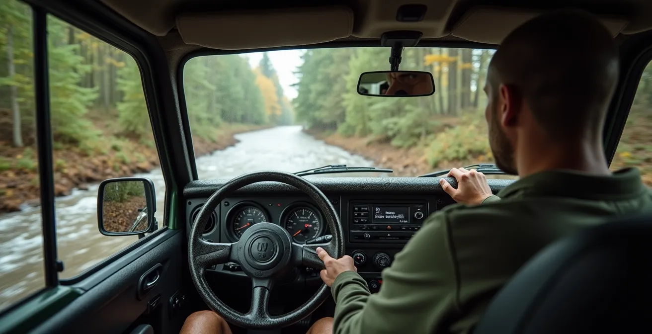 4x4 terreinwagen tijdens waterdoorwading in Belgisch natuurgebied