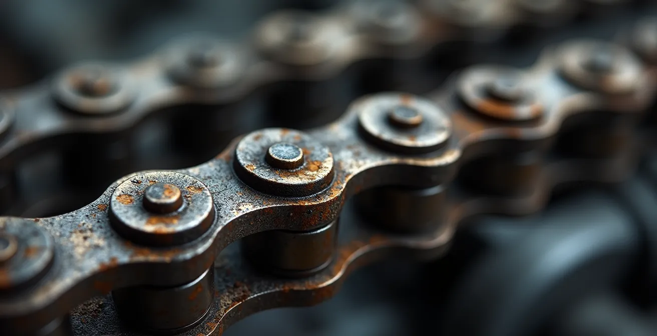 Macro-opname van versleten ketting in tussenbak met zichtbare slijtage