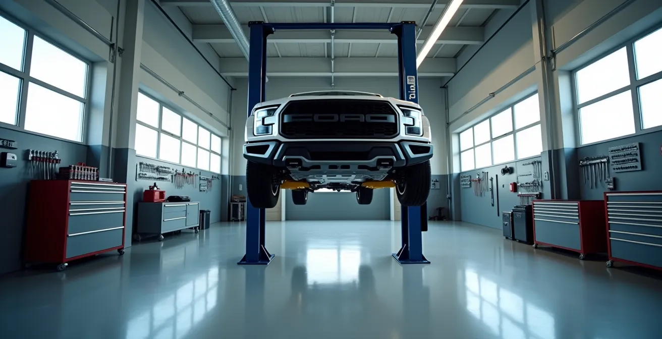 Professionele garagewerkplaats met voertuig op hefbrug en specialistisch gereedschap voor veermontage