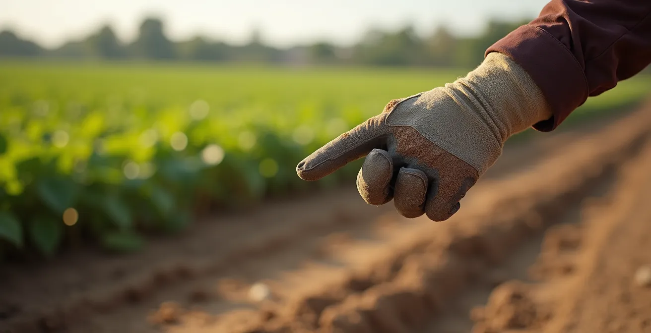 Bovenaanzicht van smalle veldweg met duidelijk onderscheid tussen wegberm en privé akkerland