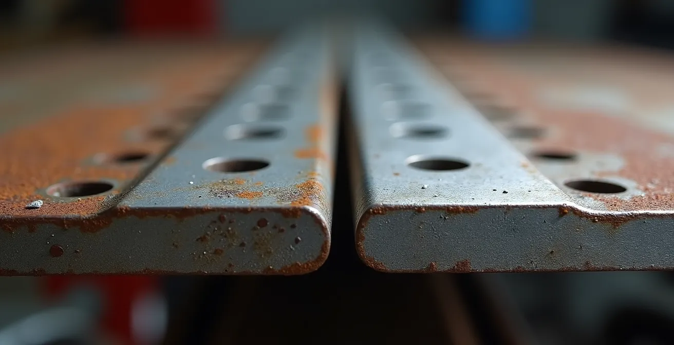 Close-up vergelijking tussen dunne originele en dikke aftermarket tankbescherming